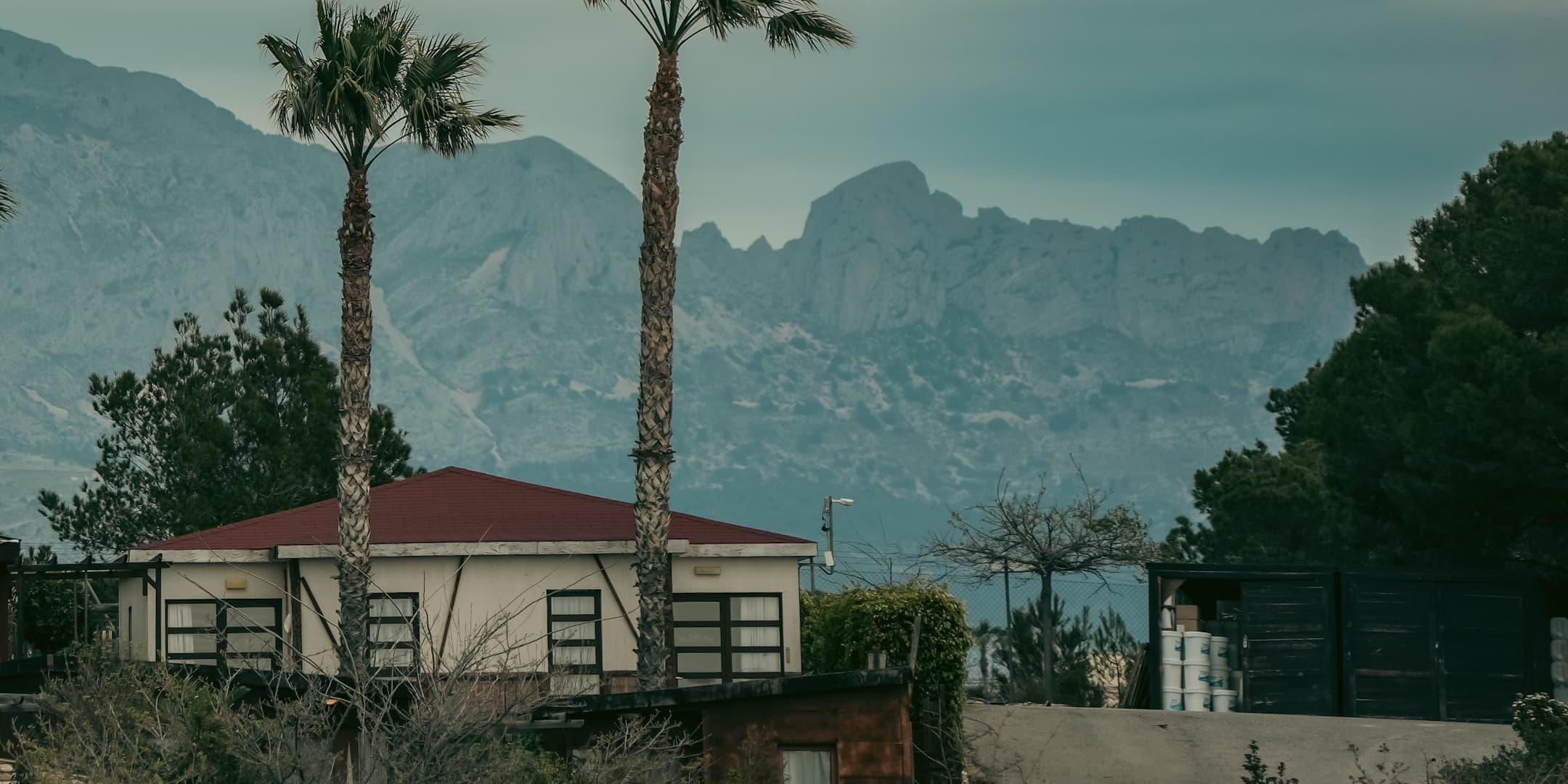 Palm trees and a rural house framed by mountains photographed by Eugene Truuts