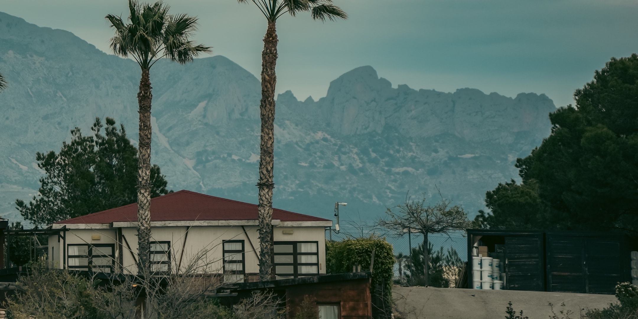 Palm trees and a rural house framed by mountains photographed by Eugene Truuts